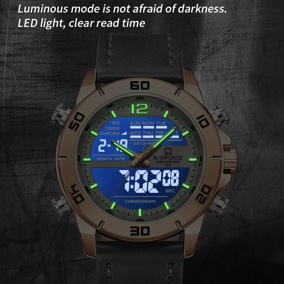 NAVIFORCE NF9253L ساعات رجالية موضة حلقة من جلد طبيعي 30 متر مقاوم للماء ذكر كوارتز مضيئة عرض اليوم والتاريخ على مدار الساعة