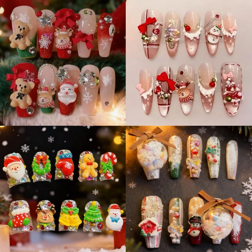 

10Pcs Christmas Long Coffin Handmade Wearable Press On Nails Bear Elk Snowman Tree Garland Bowknot Snowflake Nails Party Sticker