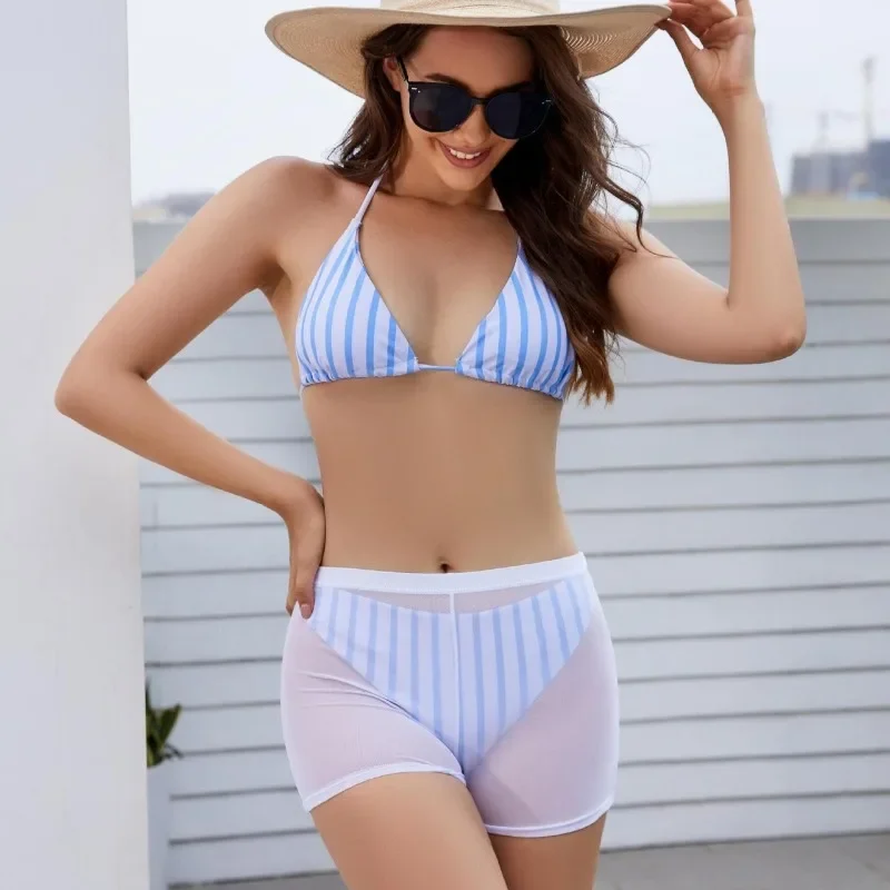 Costume da bagno bikini perizoma a righe da donna con pantaloncini in rete Costumi da bagno da donna Copricostume da spiaggia Costumi da bagno Biquini brasiliano