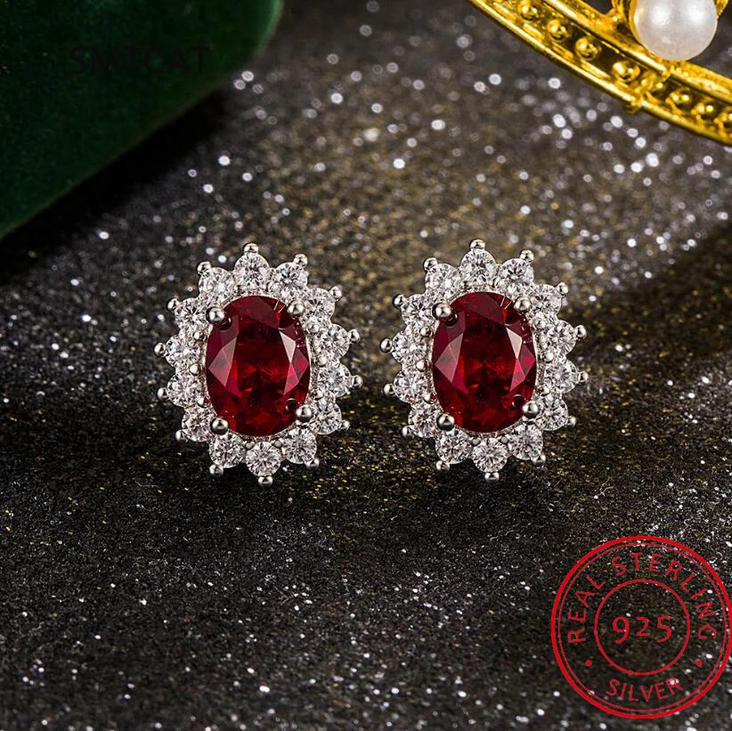 Princess Diana Created Ruby Natural Red Garnet 925 Sterling Silver Stud Earring for Women Fashion Statement Gemstone Jewelry