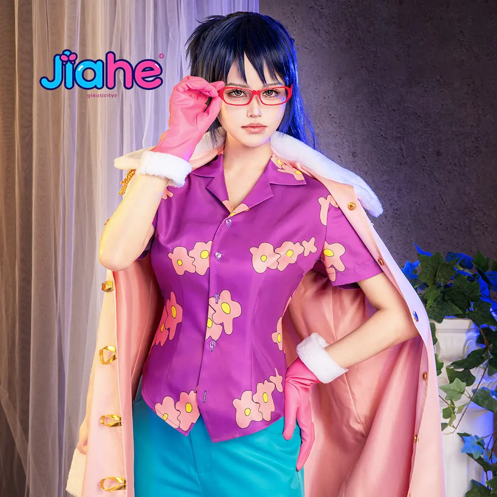 Disfraz de Anime OP Tashigi dos años después, disfraz de Cosplay para mujer, abrigo rosa, camisa floral, guantes, gafas, traje de fiesta de Halloween hecho a medida