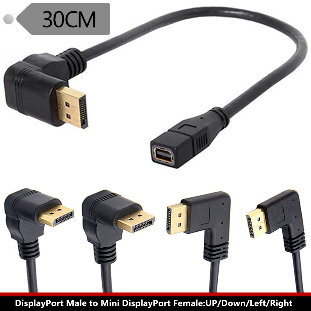 Mini DisplayPort to Right Angle DisplayPort 90 Degree Cable 4K@60Hz 2K@144Hz DP Male to Mini DP Female Cable Gold-Plated Cord