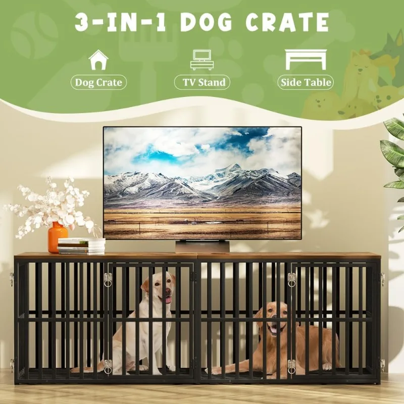 Dog Crate Furniture for 2 Dogs, 76” Wooden Dog Kennel with Divider, XXL Double Dog Crate Furniture Large Breed with 4 Doors