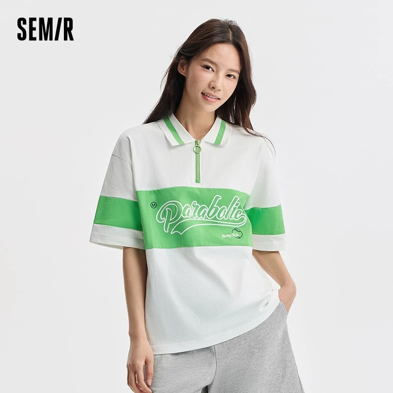 Semir Polo Shirt Women Medium-Length Colour Blocking Letters College Style Clothes Summer Loose Pullover Girls Casual Fashion