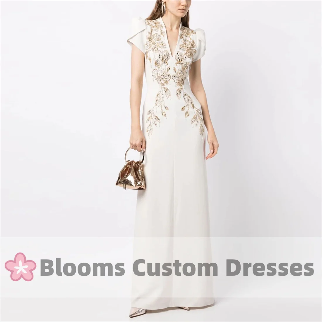 Blooms Luxury Hand-stitched Beads Crepe Evening Dresses Flower Leaf Off White V-Neck Formal Gown Short Sleeves Prom Dress