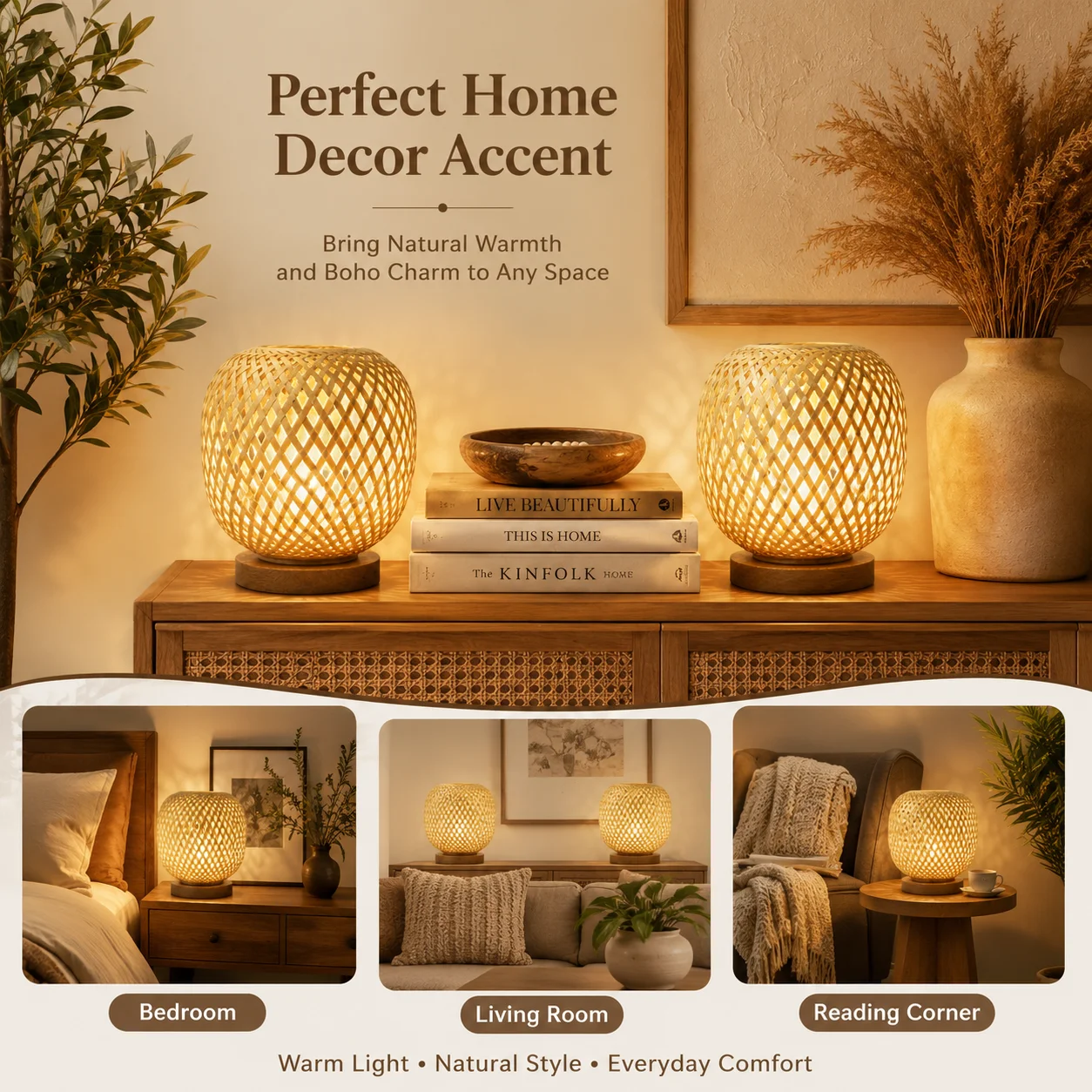 JOYINLED Pack of 2 Woven Bamboo Table Lamp, E27 Natural Bedside Night Light with Cord Switch, EU/US Plug for Home Decor No Bulb