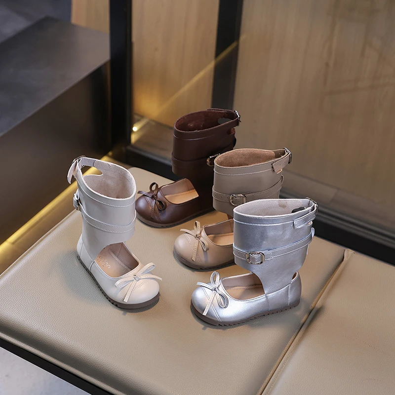 جديد أحذية الأطفال للفتيات الاتجاه الاطفال موضة الأحذية الجلدية غير رسمية الباليه نمط الأميرة تنوعا الصغار منتصف العجل الأحذية #6