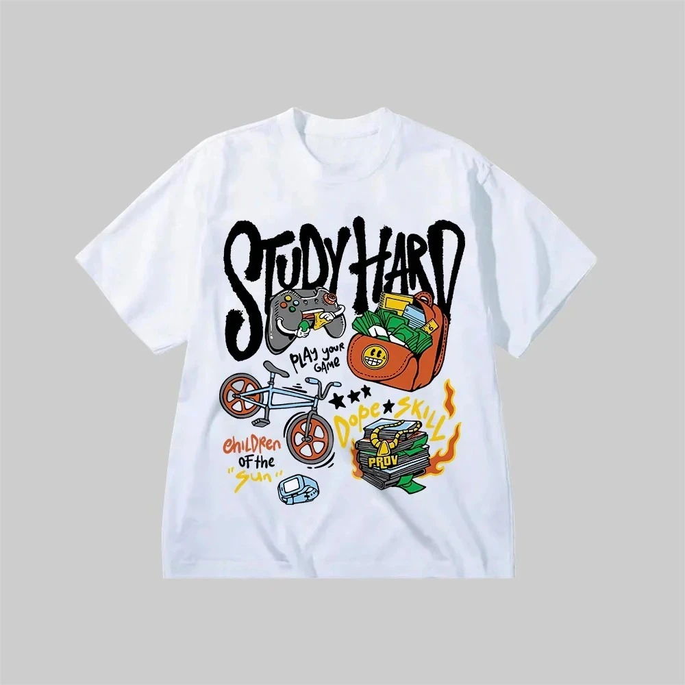 

Study Hard Graphic Printing Summer Luxury Brand Cotton Men's and Women's T-Shirts Short Sleeves Street Fashion Trend Clothing
