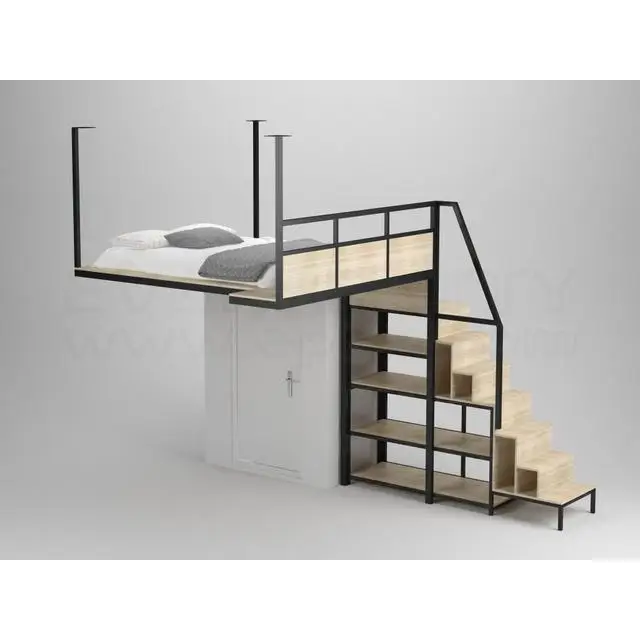 

Hostel Furniture Metal Frame Loft Bed with Wardrobe and Shelf
