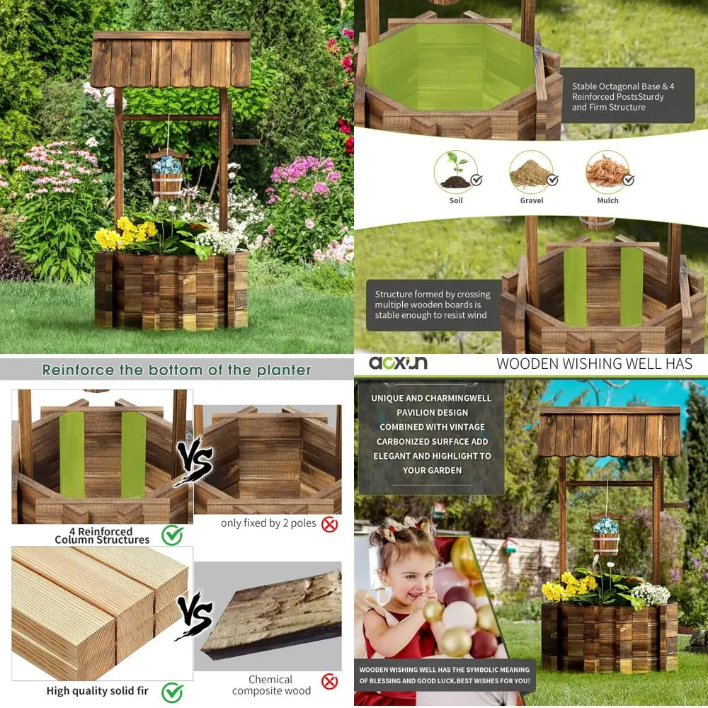 กระถางต้นไม้ทรงบ่อน้ำไม้แบบอัพเกรด, ของตกแต่งสวนกลางแจ้งสไตล์เรียบง่าย, ถังแขวน, ของตกแต่งสวนและลานบ้าน