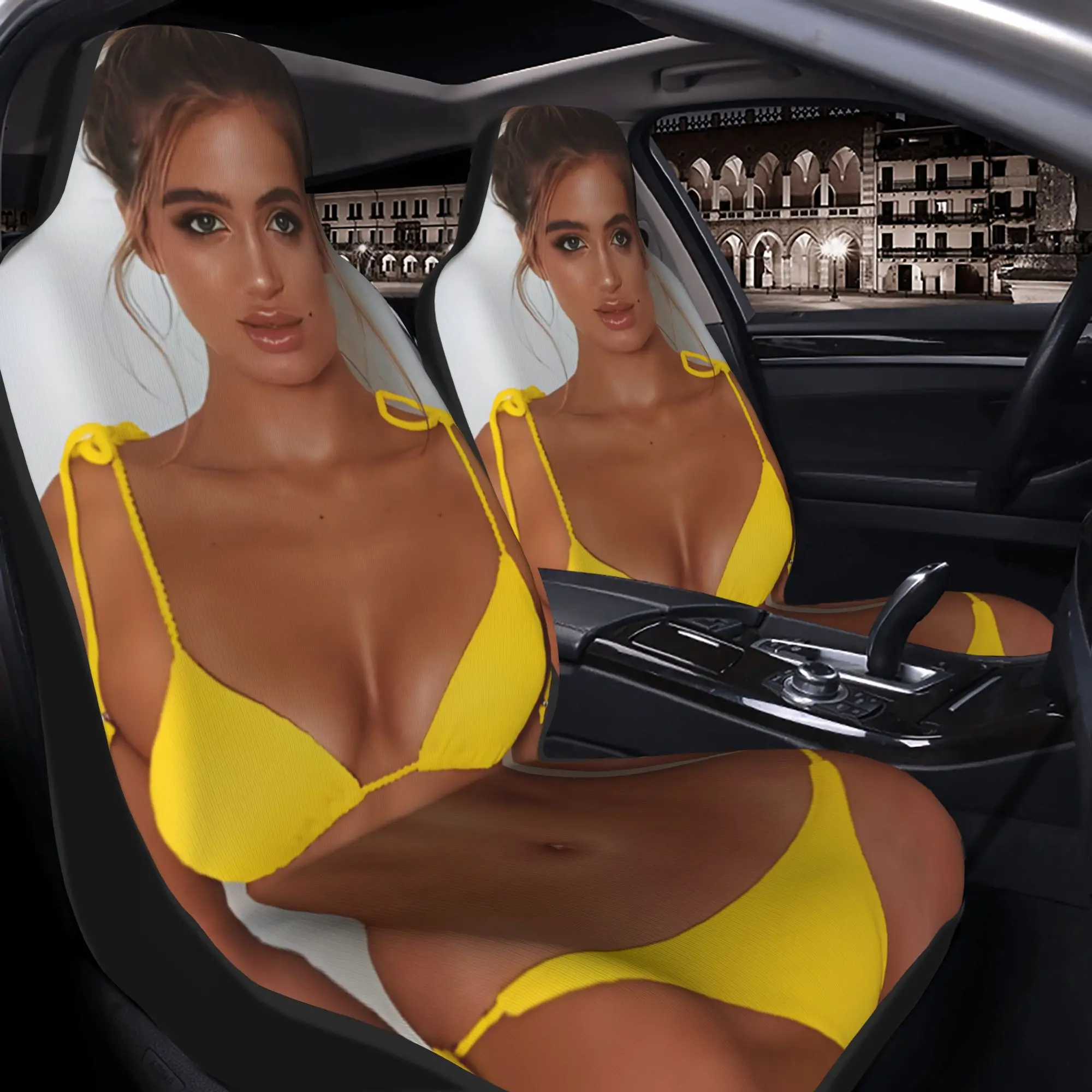 2pcs Stylish Yellow Triangle Bikini With Adjustable Shoulder And Side Ties For Summer Beachwear Car Seat Covers, Suitable For A