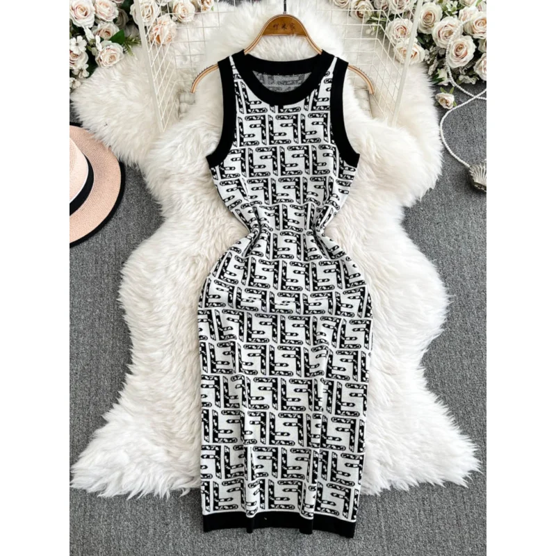 Chic vintage femmes été mince lettre imprimer tricoté moulante midi débardeur fête gaine robes genou longueur sexy club vestidos