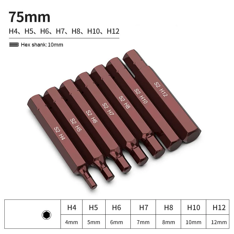 10pcs Allen Wrench drill 10mm Shank Impact Hex Bit Set 75mm Length Hex Screwdriver Bit Magnetic Tip H4 H5 H6 H7 H8 H10 H12