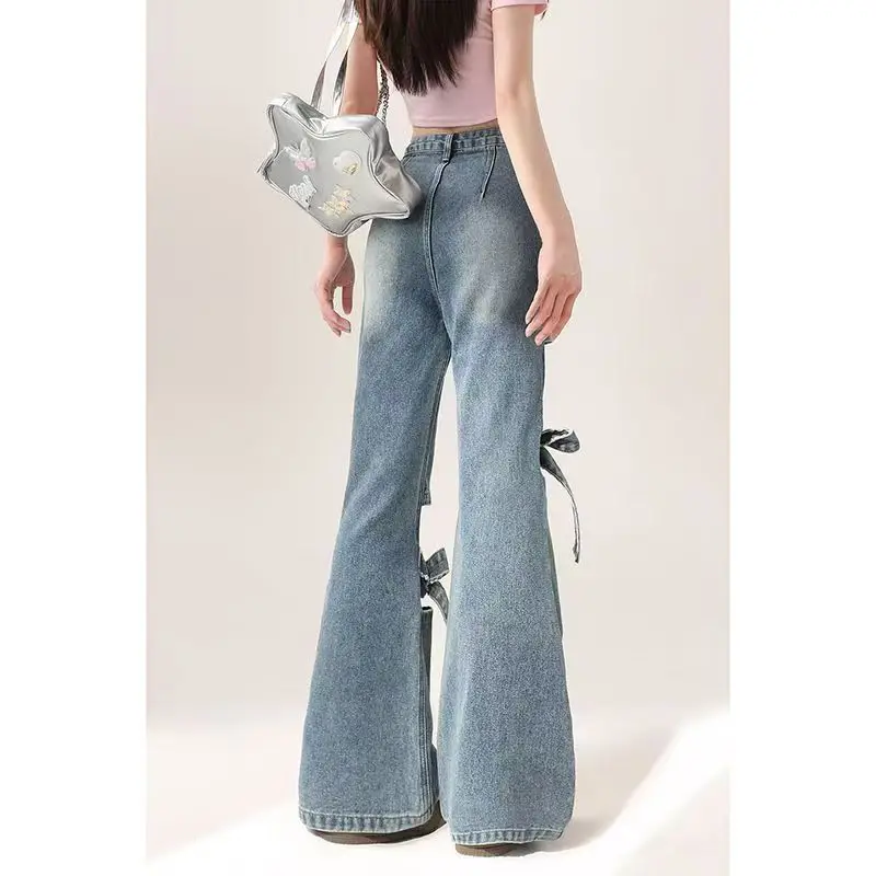 Women Y2k Bow Jeans Baggy Harajuku 2000s Trashy Hollow Out Oversize Denim Trousers 90s Aesthetic Jean Pants Vintage Clothes 2024