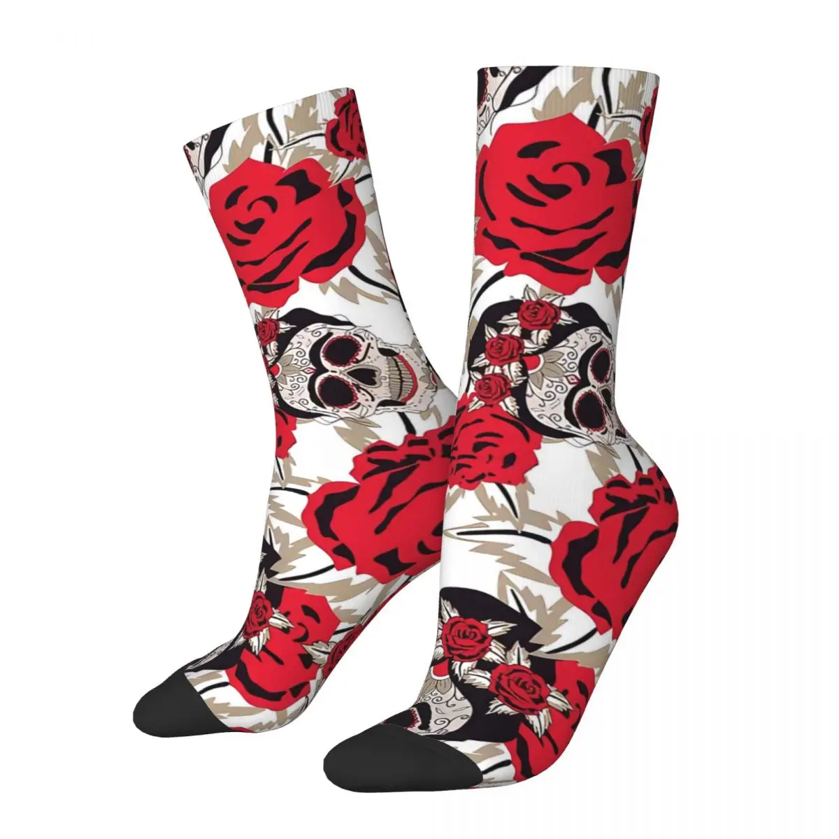 Funny Crazy Sock for Men Sugar Skull And Roses Pattern Hip Hop Vintage Seamless Pattern Printed Boys Crew Sock Novelty Gift