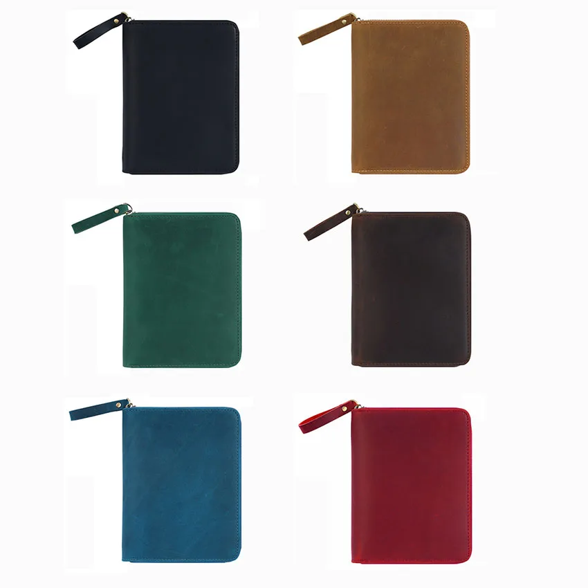 1 قطعة A6 دفتر غطاء الكتاب الطبقة العليا جلد البقر حقيبة سستة حقيبة صفحة ثابتة اليد كتيب غطاء مكافحة خسر الرجال النساء محفظة نسائية للعملات المعدنية