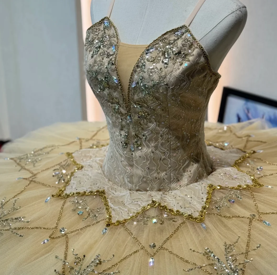Professional Champagne Gold Classical Ballet Tutu Dress Paquita Raymonda Variation Hand Beaded Rhinestone Stage Performance Cost