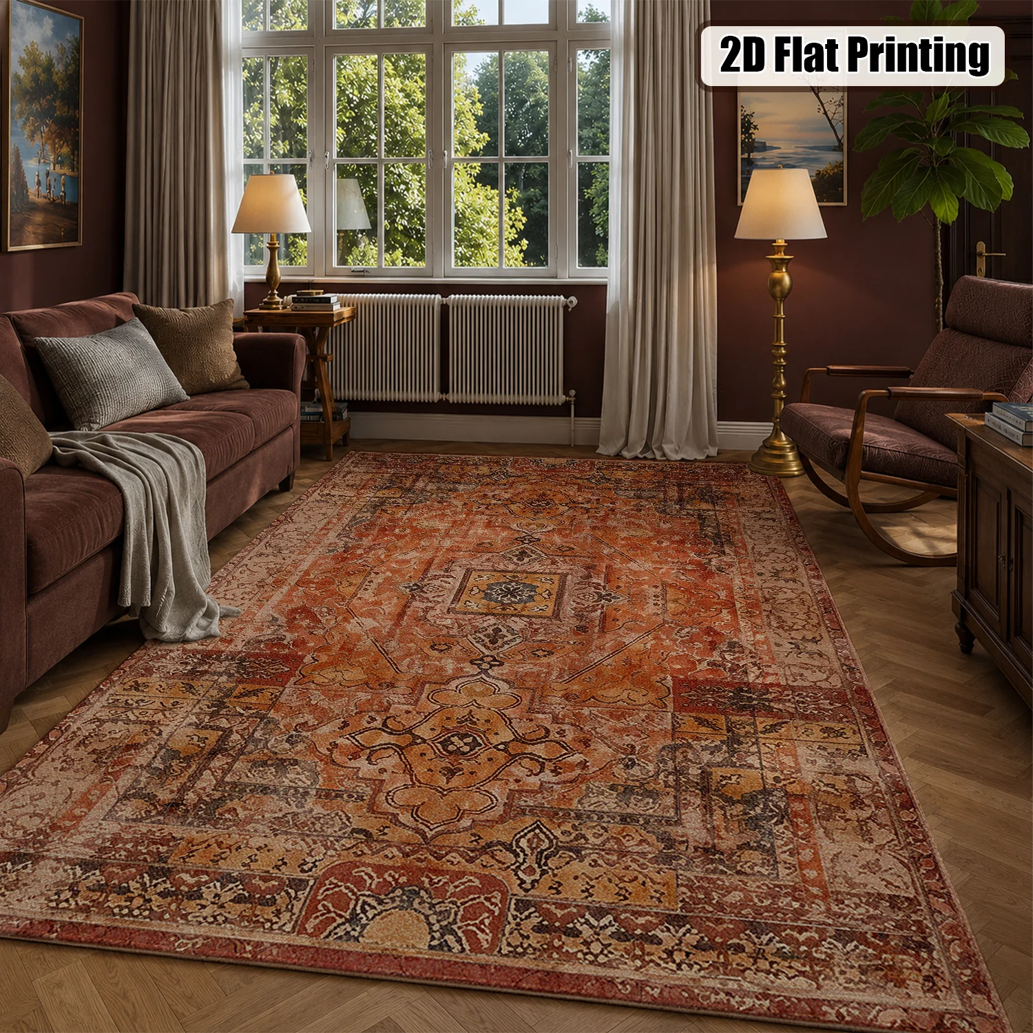 Large Indoor Area Rug, Soft Velvet Low Pile with Non-slip Dotted Backing, Machine Washable Vintage Distressed Persian Terracotta Rug for Living Room, Bedroom, Dining Room - view 4