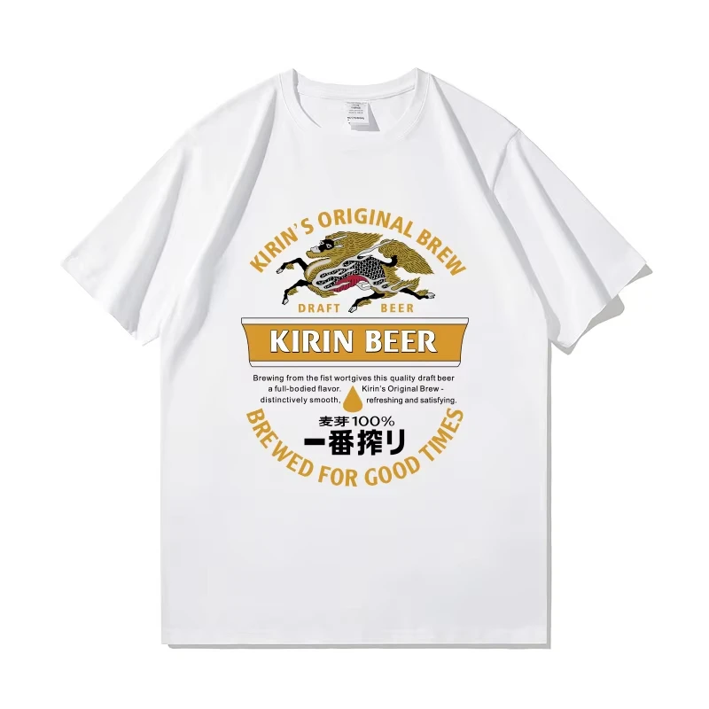 Camiseta japonesa de cerveza Kirin para hombre y mujer, ropa holgada de algodón de manga corta prensada Retro de serie japonesa de verano para parejas