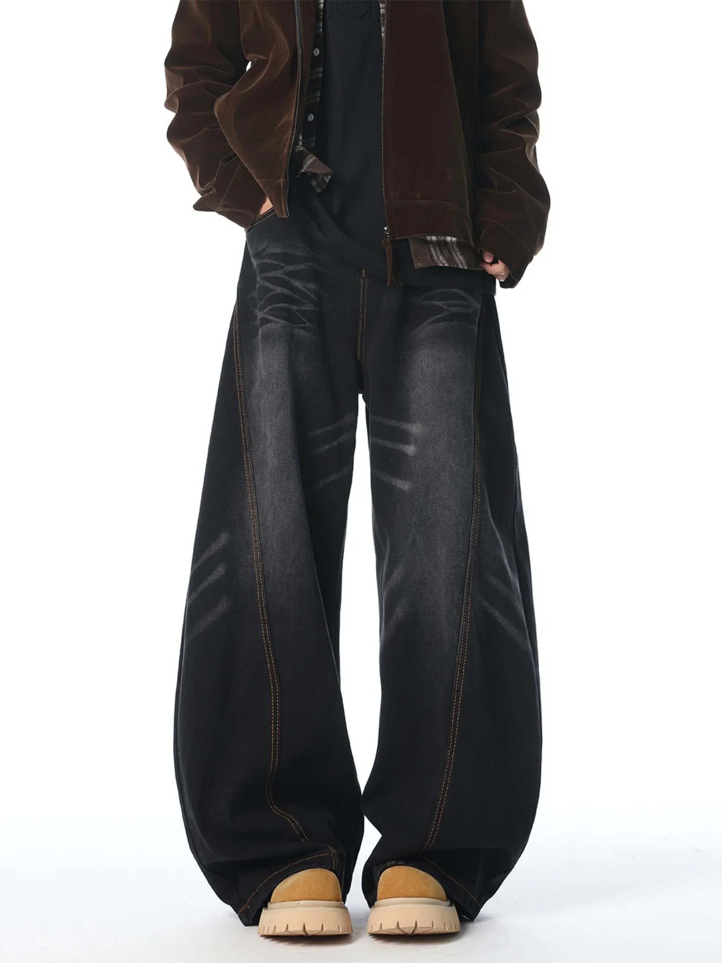 

Retro Splicing Pattern Jeans Men's Winter American Wa Loose Wide Leg Casual Long Trousers Faionable Straight Cut