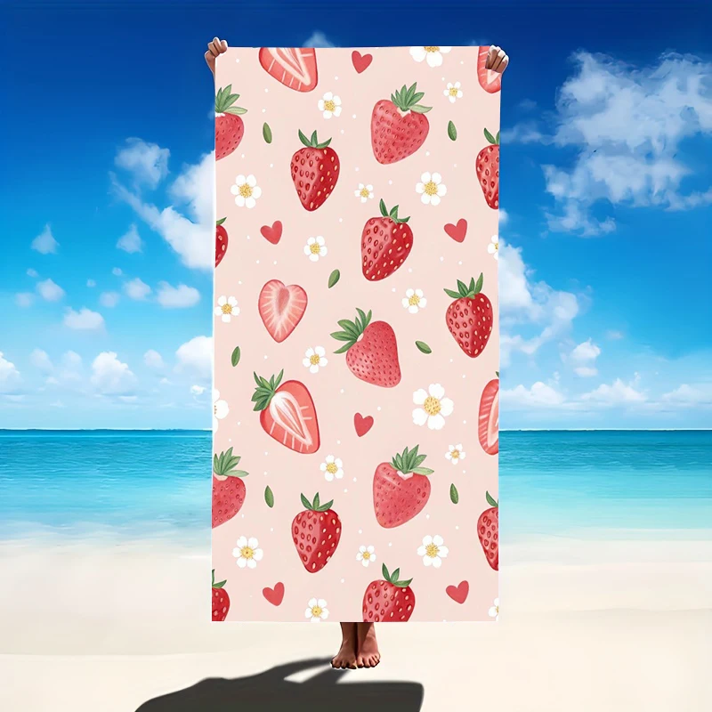 Soft Pink Background Whole Slice Strawberry Daisy Heart Repeat Print Microfiber Quick Dry Cute Fruit Summer Vacation Beach Towel