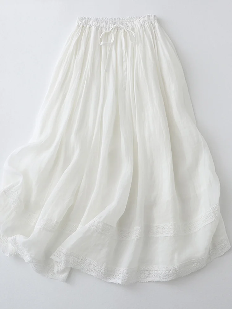 

Юбка-миди трапециевидной формы с высокой талией, свободная двухслойная льняная юбка с вышивкой, японская женская длинная юбка из хлопка и льна