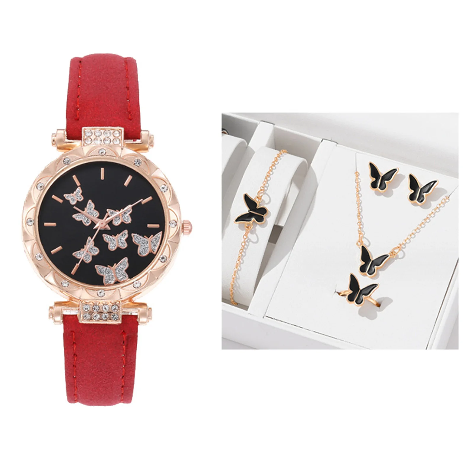 Elegant Watch Set for Women Butterfly Design Rhinestone Quartz Watches for Indoor Activities or Daily Use