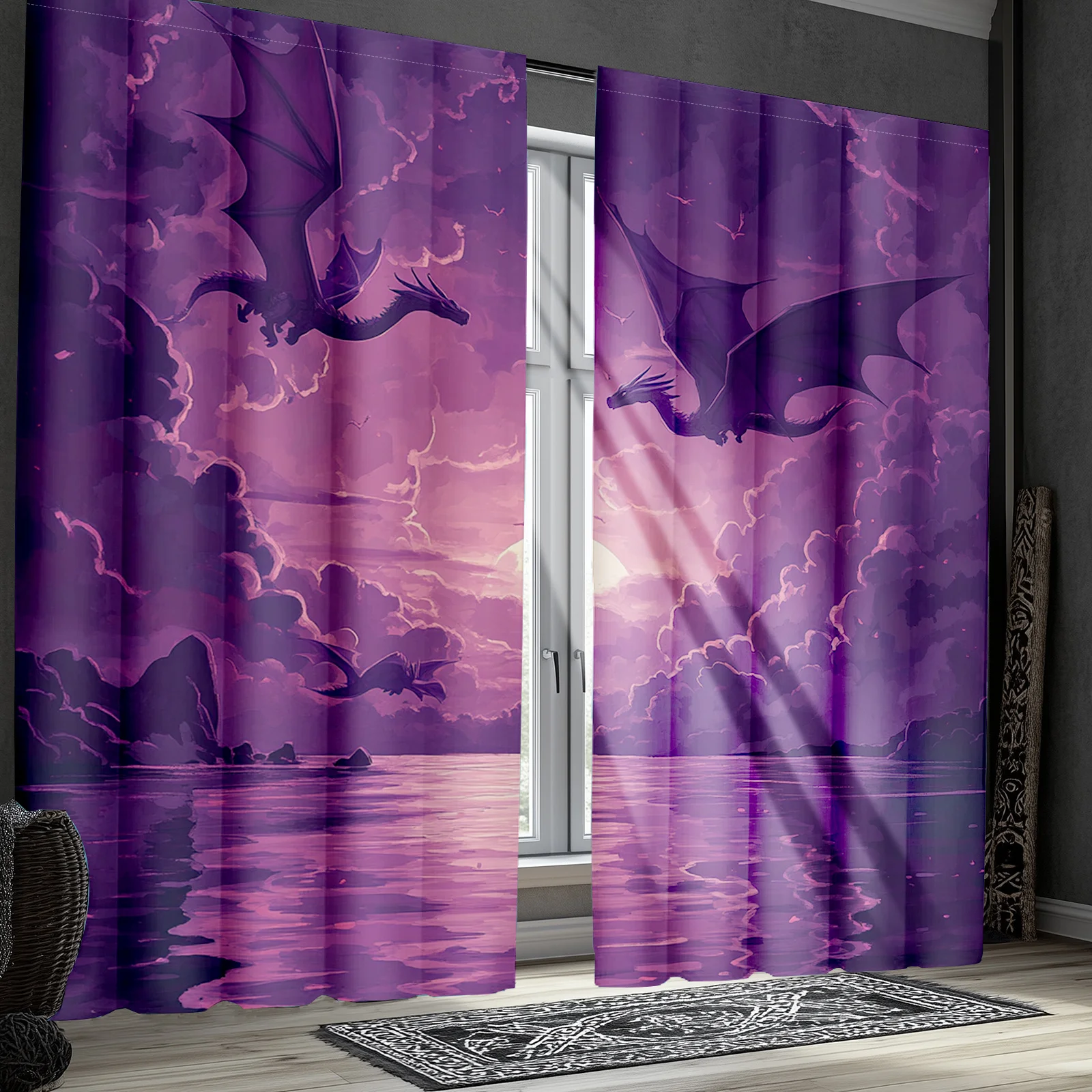 Dramatic Purple Dragon Curtain Set Fantasy Window Curtains Home Decor Gothic Style Sunlight Filter Fairy Tale Window Dressing