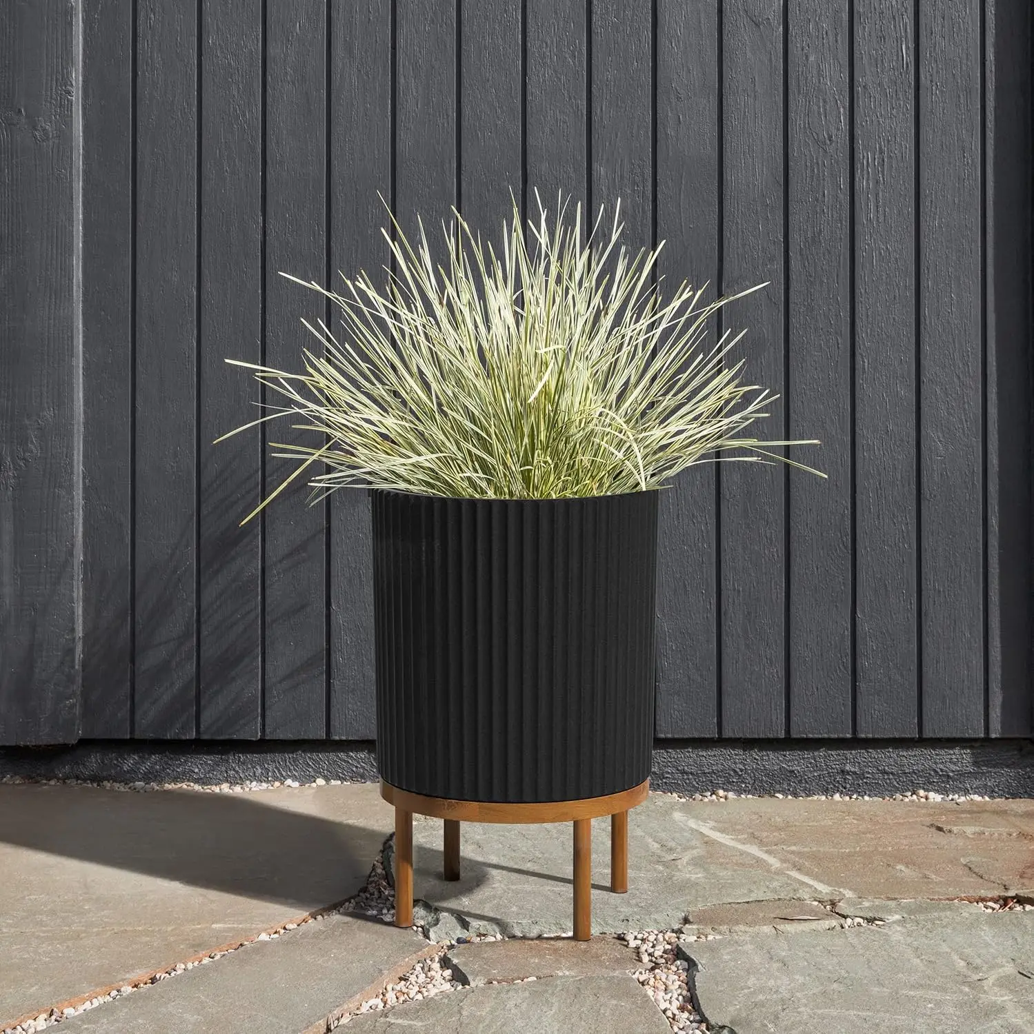 

Demi Series Round Planter w/Stand for Porch/Patio | Durable Plastic-Concrete & Wooden Stand | Modern Décor for Tall Plants