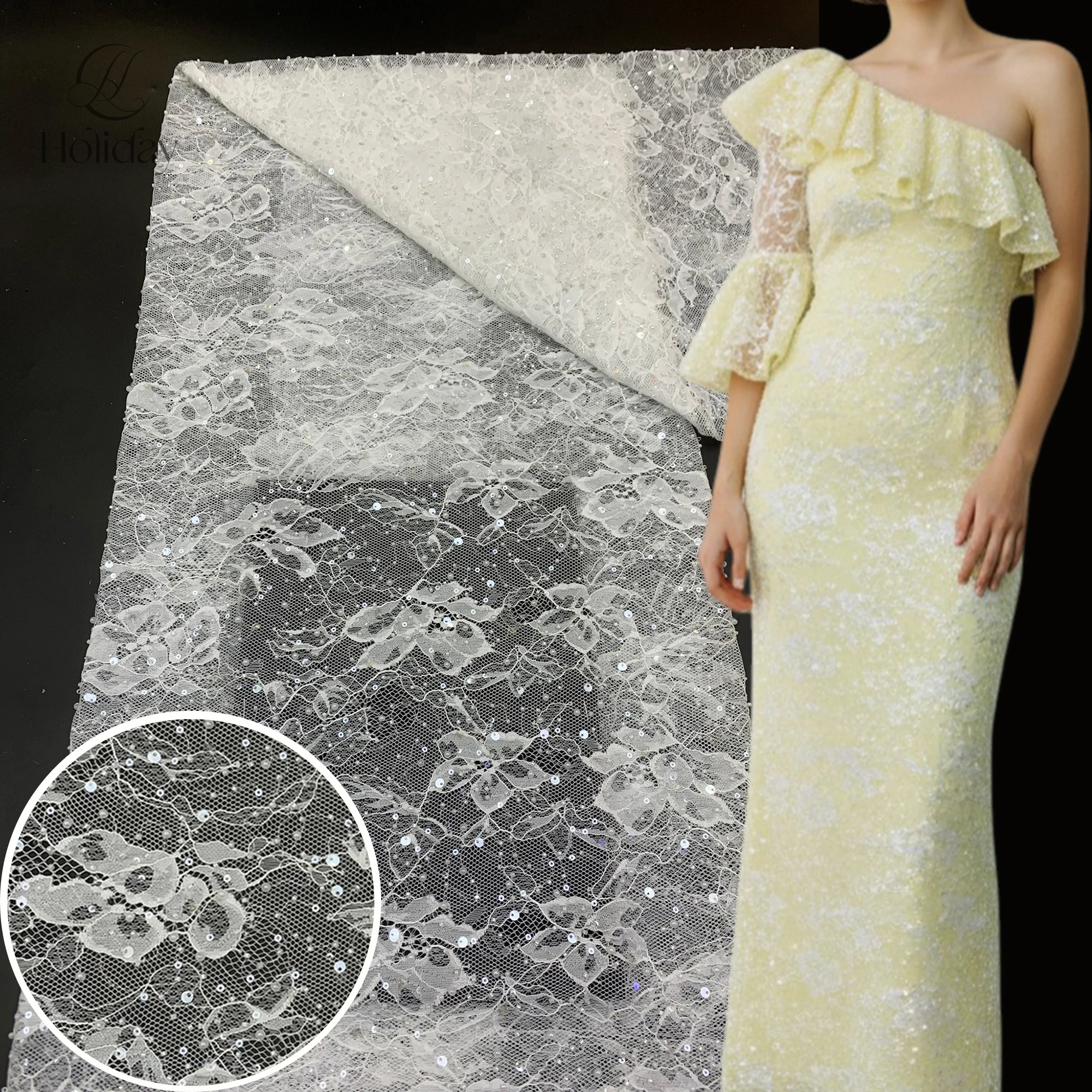 

New 2026 Heavy Embroidered Lace Fabric with 3D Beads Tubes Sequins on Mesh Base for Luxury Bridal Evening Wear Lace Trim
