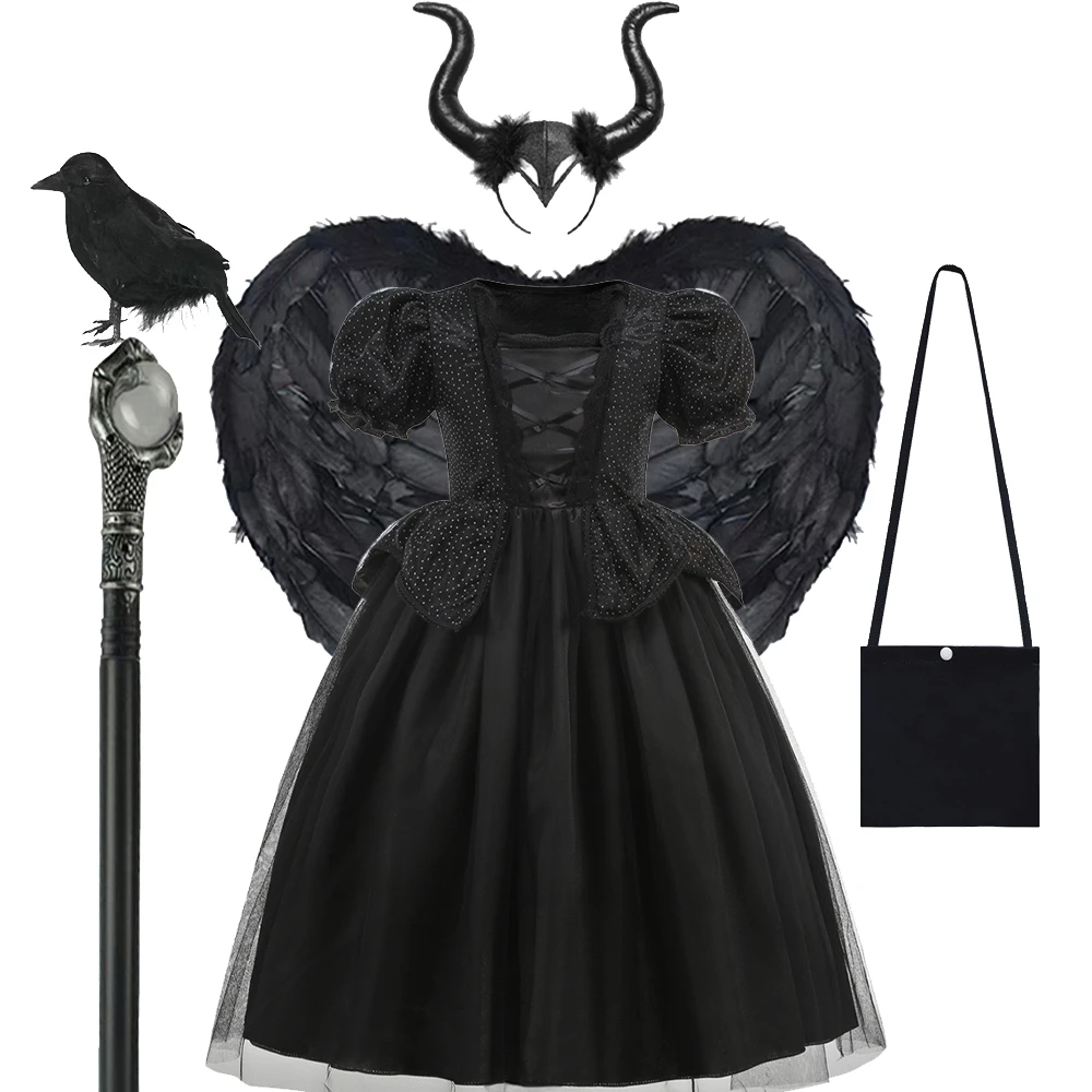 Schwarzes Hexen-Cosplay-Kleid für Mädchen, Kinder-Halloween-Kostüm, Böse-Königin-Verkleidung, Dunkles Thema, Geburtstags-Rollenspiel-Partykleid – Detail 7
