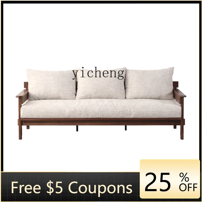 

ZZTqh Black Walnut Wooden Sofa All Solid Wood Fabric Three-Seat Sofa Simple Small Apartment Living Room Furniture