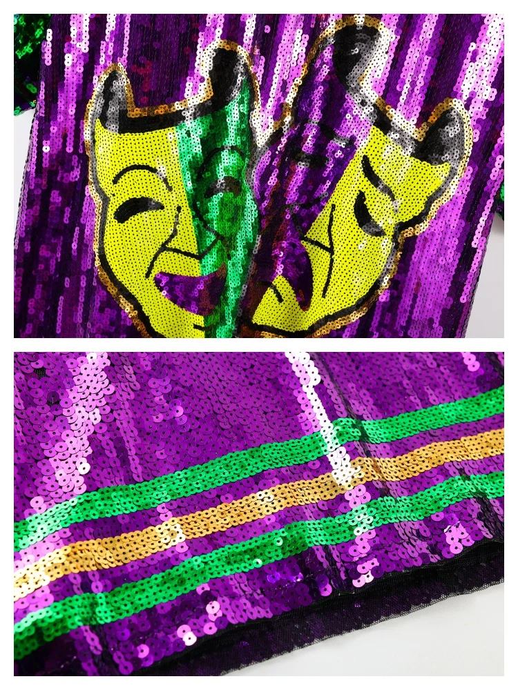 Robe en Jersey à paillettes imprimées Twin Jesters colorées, Costume de Festival de Mardi Gras, t-shirt ample à paillettes