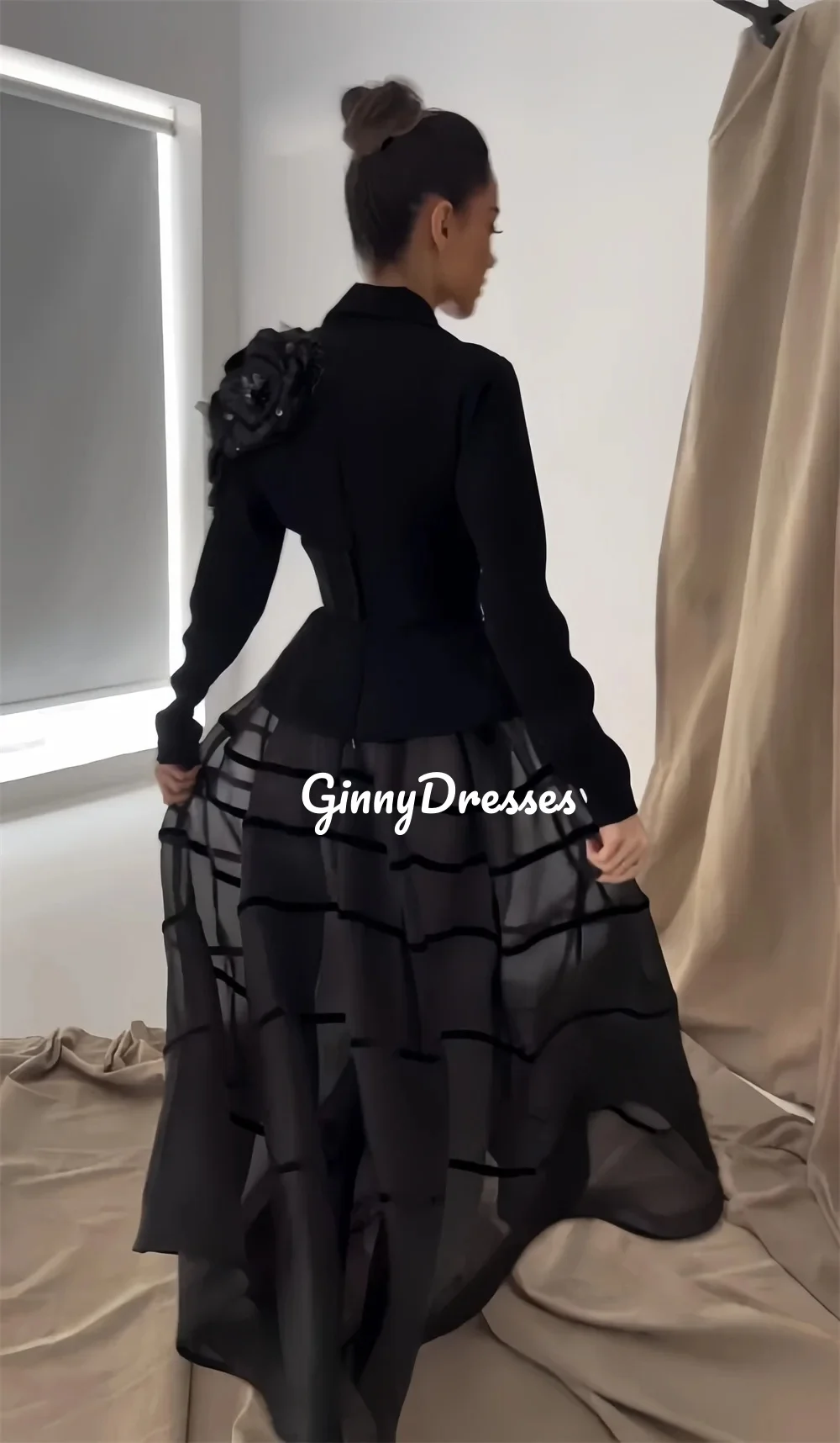 プロム-Vネックのカスタムドレス,地面の長さ,フリル付き,豪華なイブニングドレス,長袖,ウェディングドレス