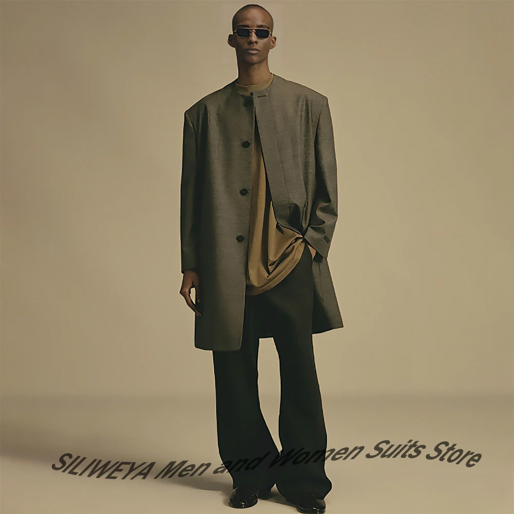 Men's Minimalist Round Neck Suit Two-Piece Longline Jacket+Pants Set Loose Fit Formal Blazer for Autumn Winter Streetwear