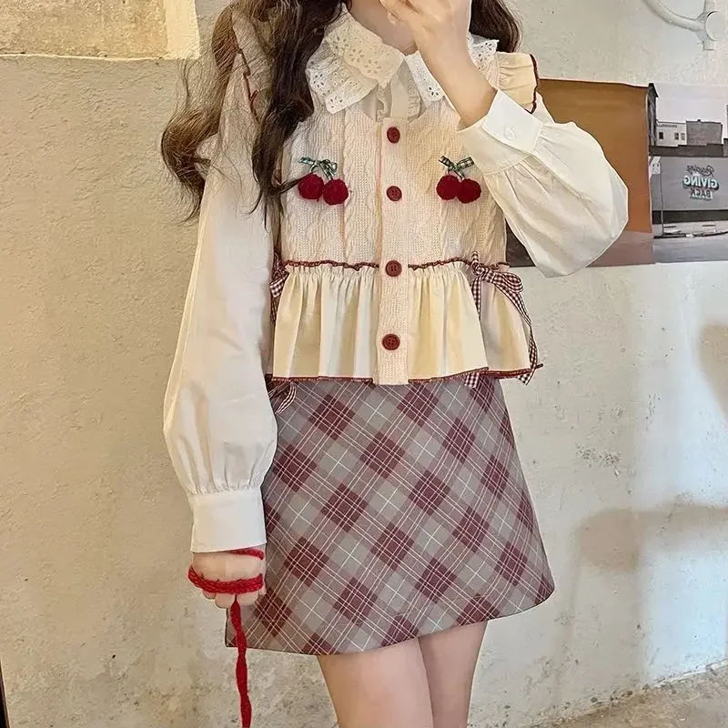 Kimotimo Cute Cherry Bow Knit Vest Women Japanese Kawaii Ruffle Sleeveless Single Breasted Waistcoat Top Autumn Outer Short Pull