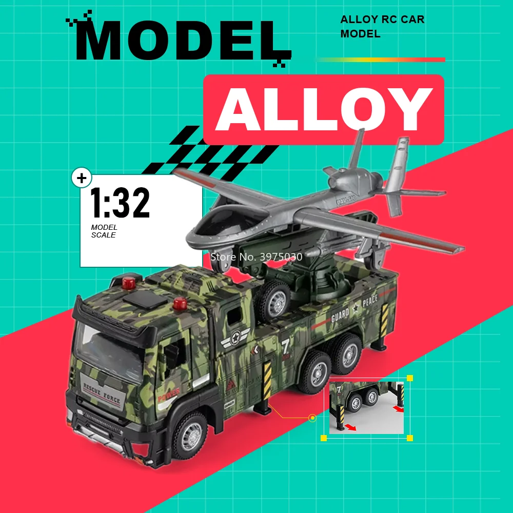1:32 Scale Military Drone Launch Vehicles Cars Models Toys Alloy Diecast with Sound Light Pull Back Doors Opened Vehice Kid Gift