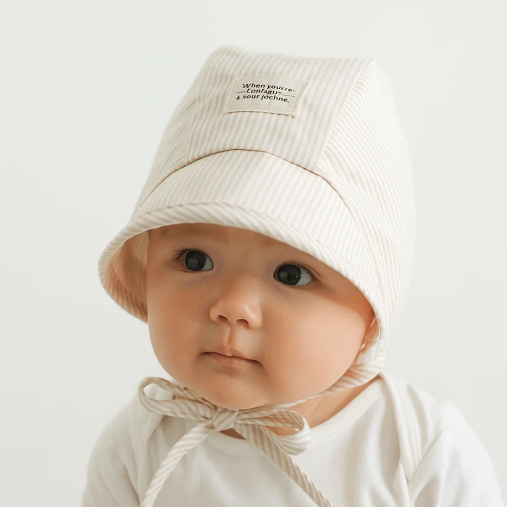 

Casual Soft Baby Fetal Cap Wide Brim UV Protection Infant Bonnet Hat Cotton Stripe Newborn Sun Hat 3-12 Months