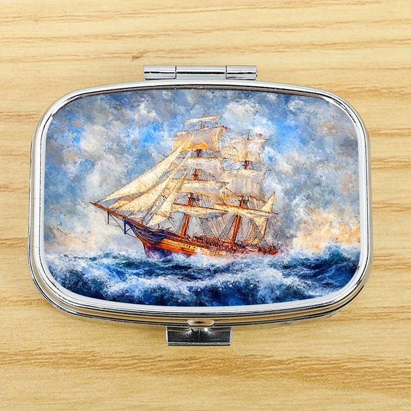 This Compact, Square, Double-Layer Metal Pill Box Features a Sailboat Design, Has a Simple Design, and Is Suitable for Outdoor Fitness or Travel, Making It a Portable Pill Holder That Can Be Placed in Your Pocket or Bag. Please Note That the Printing Location May Vary.