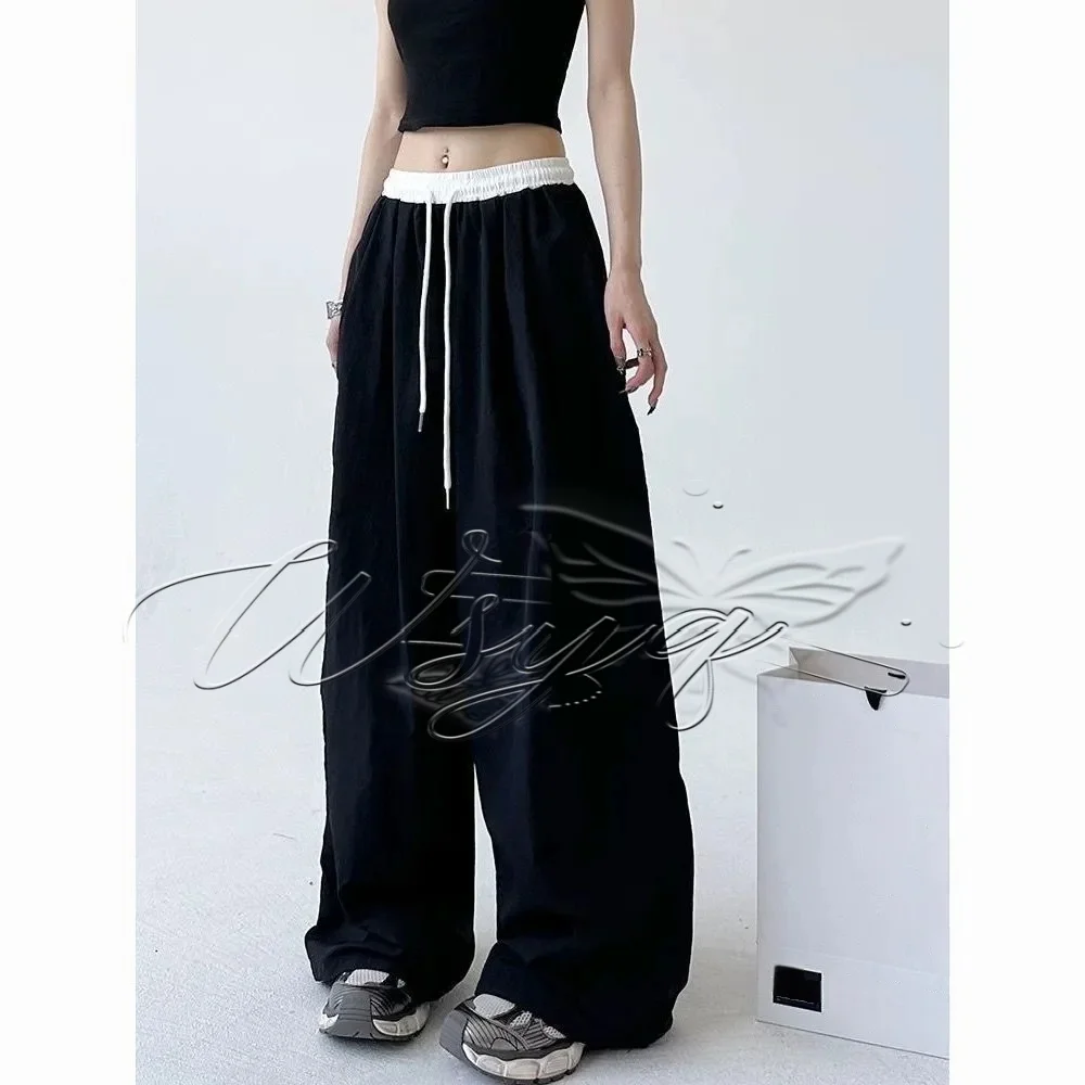 Unisex Navy Color Block Waist Straight Long Pants Quick Dry Hip Hop Trousers, Elastic Drawstring Loose Streetwear Sweatpants