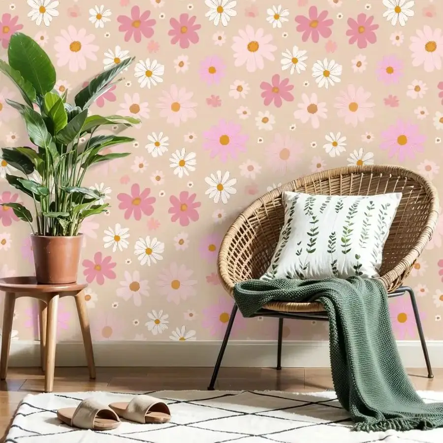 

Розово-белые обои с цветочным рисунком ромашки, 22,83 "X 118", водонепроницаемые обои для гостиной/спальни/ванной комнаты, наклейка на стену из ПВХ