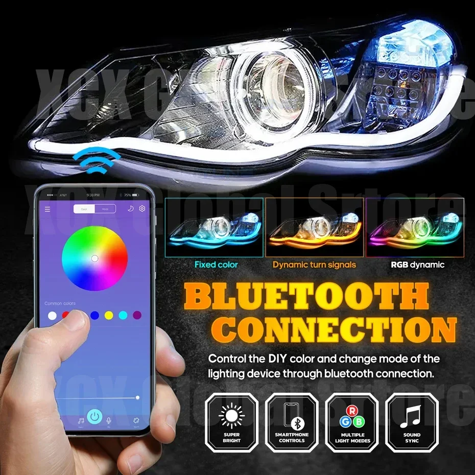 Universal Car LED Daytime Running Light Lights Strip APP Control Flexible RGB Symphony Flowing Turn Signal Headlight Lamp Strips