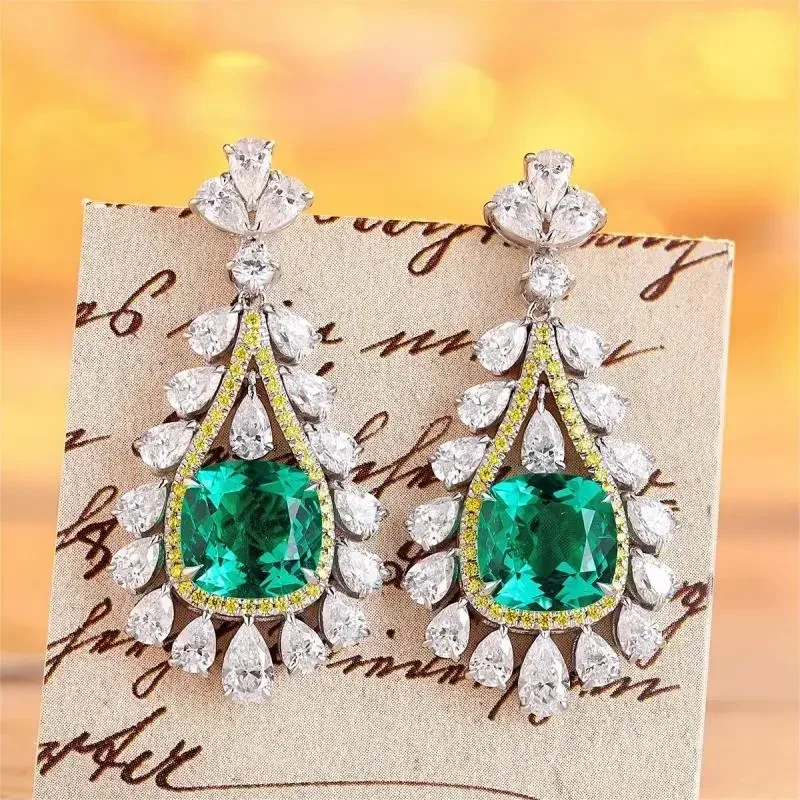 

Ruihe New Design Arrival 925 Silver 4.22ct Cushion Lab Grown Emerald Earrings Jewelry for Women Wedding Gift