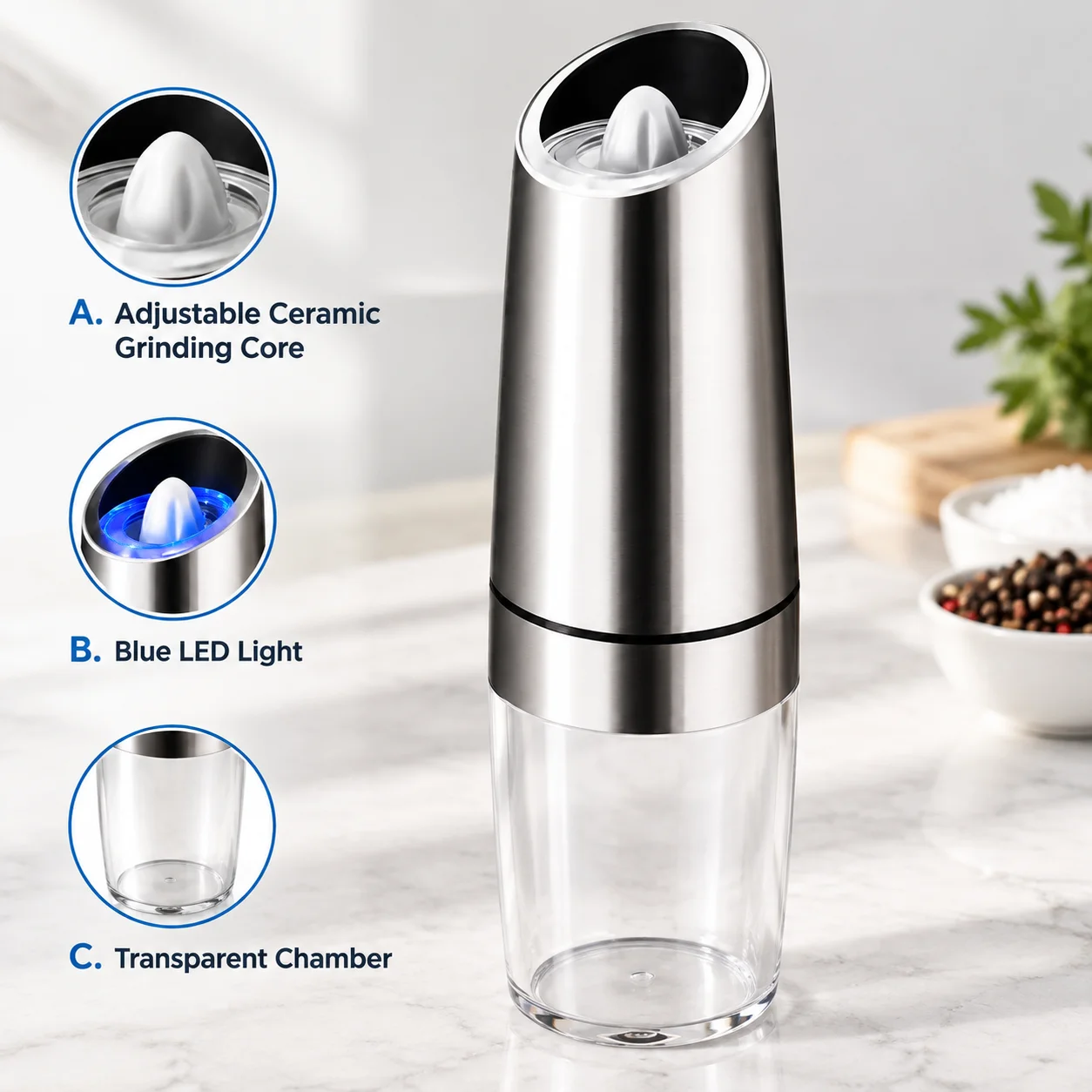 Gravity Electric Salt and Pepper Grinder, Adjustable Ceramic Grinding Core, Blue LED Light, Transparent Chamber, Six AAA Battery Power, for Coarse-to-Fine Seasoning for Kitchen, Restaurant and Picnic Use, Plastic and stainless steel