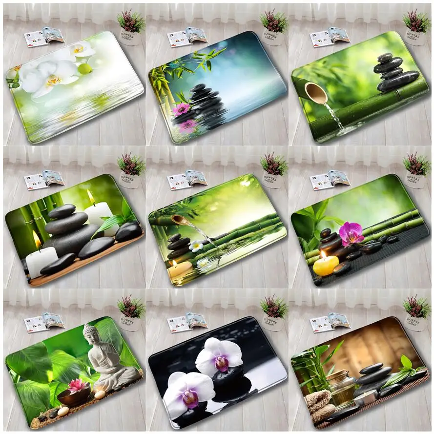 Green Bamboo Black Stone Orchid Zen Bath Mat Water Candle Buddha Modern Home Door Rug Kitchen Bathroom Decor Non-Slip Pad Carpet