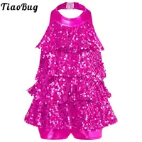 Traje de baile de Ballet latino de Jazz moderno con lentejuelas brillantes y cuello Halter para niñas, vestido corto, Ropa de baile puesta en escena
