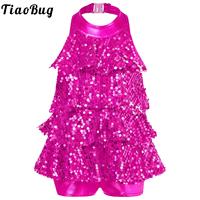 Kids Girls Halter Shiny Sequins Modern Jazz Latin Ballet Dance Costume Shorty Unitard Dress Stage Performance Dancewear