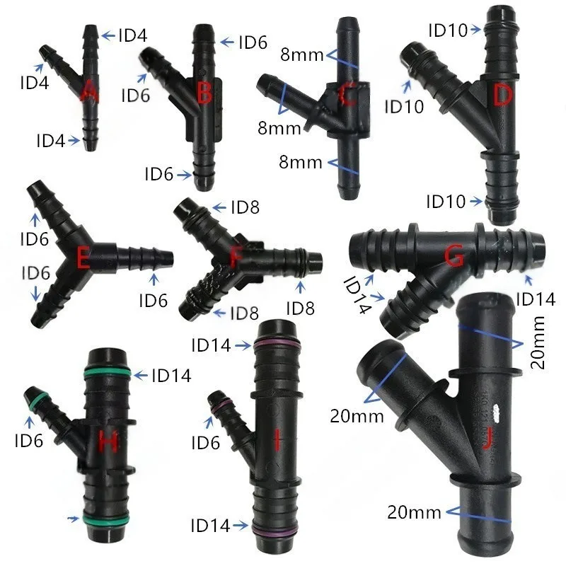 Y Shape Barbed Fuel Hose 3 Way Tee Connector ID6 ID8 ID10 ID14 20mm Fuel Line Y Splitter Plastic Fuel Pipe Adapter Fitting