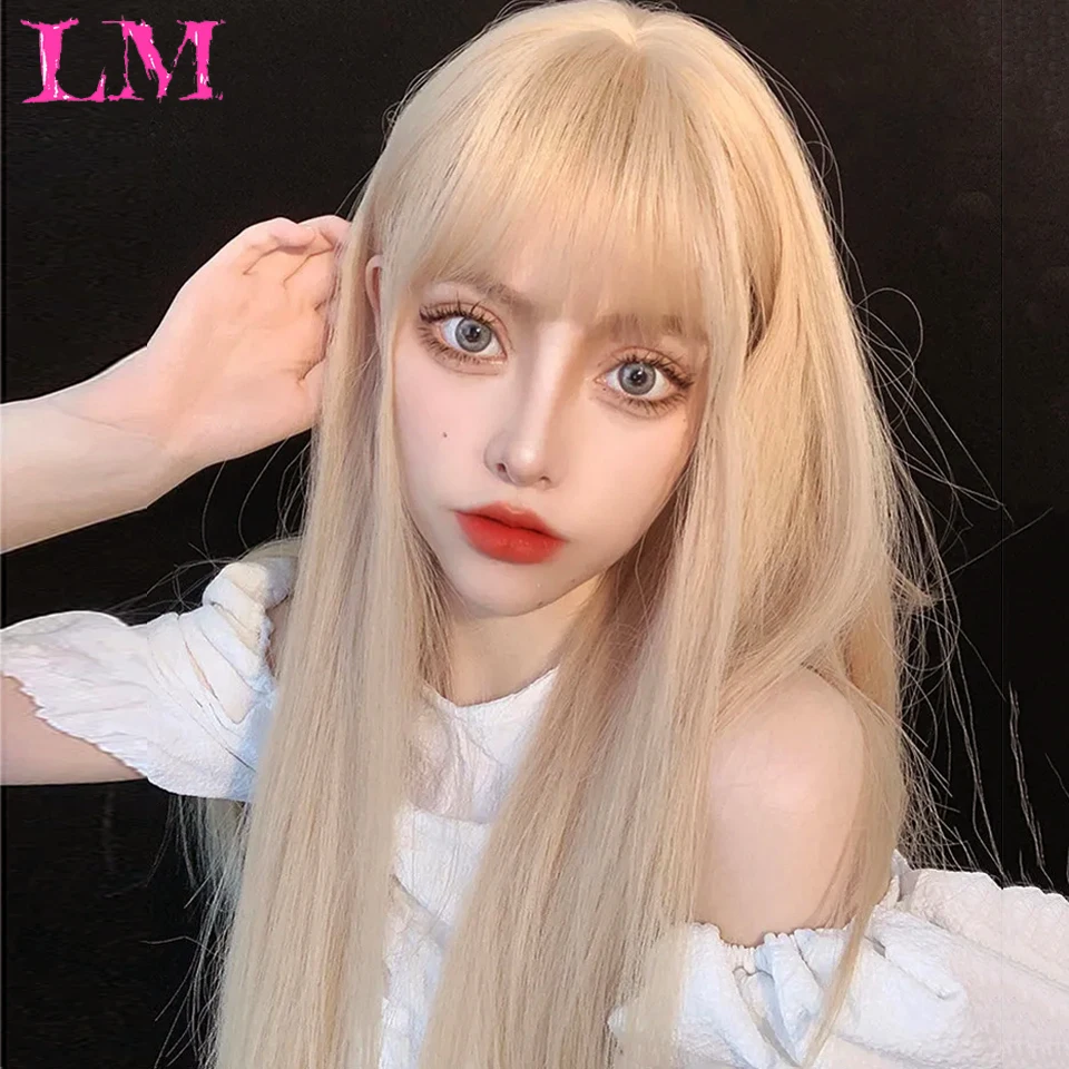 LM Blonde Long Straight Synthetic Wigs for Women Colorful Cosplay Party Fake Hair with Bangs Blonde Wig HighTemperatureBlonde