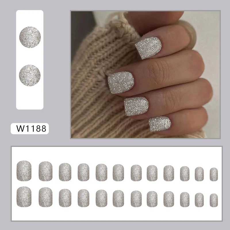 24pcs Silver Glitter Girls Glued Press on Nails Short Self-adhesive False Nails with Glue Square Stick-on Nails with Tools 2026